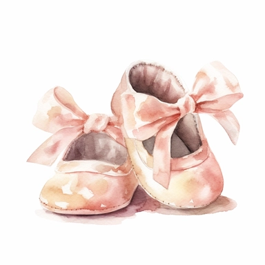 cute watercolor newborn soft beige baby shoes, watercolor effect, isolated white background, babyshower clipart, soft pink tones