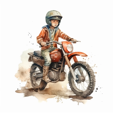 Vintage kids Dirt Bike with a kid riding it on dirt with helmet ,Watercolor,Clipart,Isolated, White background