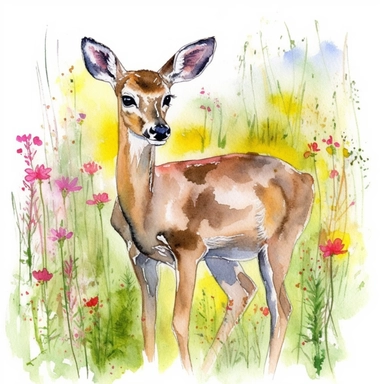 doe in a colorful Meadow Clipart watercolor sketch,