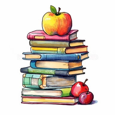cartoon school book stack and apple illustration drawing, illustration clipart, detailed, black outline, white background, digital art, watercolor