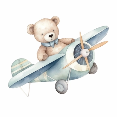 adorable light blue teddy bear flying an aeroplane, hand painted, watercolor, clipart, white background