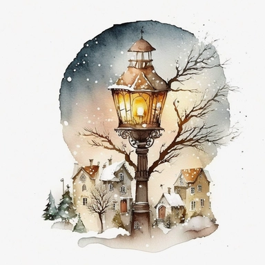 A Very very cute and Whimsical village in snow, Christmas, beautiful, street light, Christmas lights, Watercolored illustration in the style of Michael Powell, clipart, white background - Q2