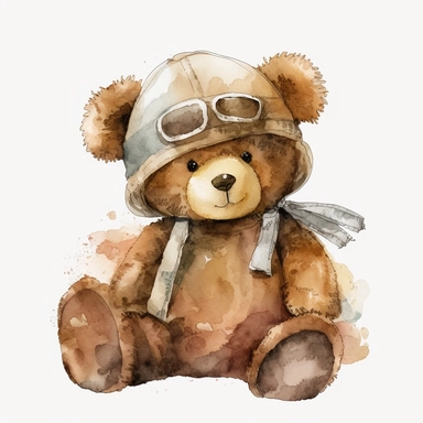 Watercolor brown fluffy jointed plain Teddy Bear clipart, wearing a white t-shirt, with a propeller beanie hat, happy, white back ground, no captions or text