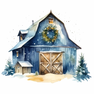vector watercolor close up blue and gold winter christmas barn decorated in Christmas style decor in winter clipart on white background, close up view, winter christmas barn, blue and goldChristmas color scheme, photorealistic, ultrarealistic, no background, on white