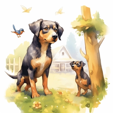 : Show Large dog and smaller dog who is an older golden and black beagle dog, standing near the fence, with the squirrel sitting on a tree branch above. Show the golden-colored squirrel up in the tree. happy, warm, children's book illustration watercolor style, clipart, realistic, isolated on white background, 4K