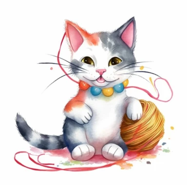 Playful watercolor clipart of a cute cat with a string, capturing the playful and fun side of pets, with vibrant colors and soft details, perfect for a t-shirt design, delightful and charming, high-quality illustration, hand-painted with love, a great addition to any project.
