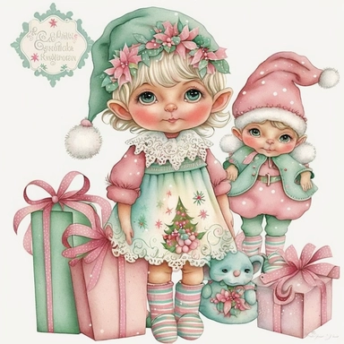 A cute Christmas girl elves doll girl pink and mint pastel clothing holding Christmas gift , Christmas, clipart, white background, 32k uhd, insanely detailed and sharp, flickr, plush doll art, soft faded colors, fairy tale watercolor art by Susan Wheeler, Thomas Kinkade and Marjolein Bastin