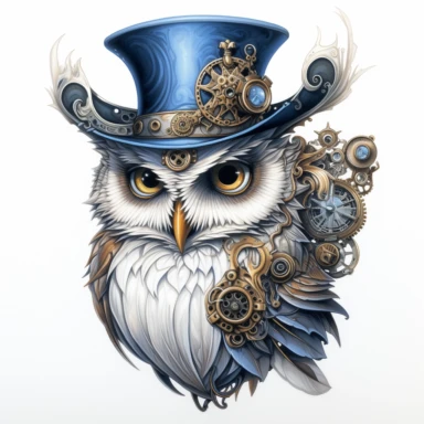 steampunk polar owl, full body, style of digital airbrushing, realistic yet stylized, digitally enhanced, elaborate hat and costume, 32k, uhd, detailed crosshatching white background, optical illusions style, Jody Bergsma , Terry Oakes, clipart on a white background