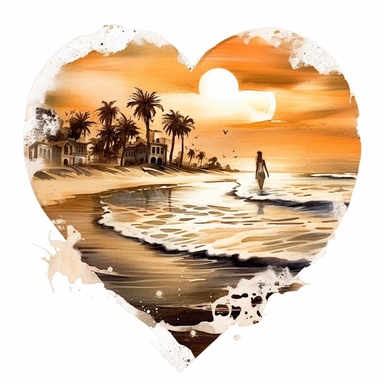 one beach heart clipart illustration on a white background, in the style of ink wash collages, esao andrews, plein air landscapes, light amber and bronze, vibrant, exaggerated scenes, hand-painted details, utilizes , no watermark, text, 300 DPI , typography, shapes do not stick together, no text in the picture, on a white background