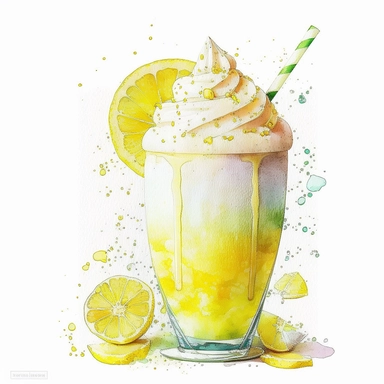 Watercolor one lemon milkshake Clipart, citrus lemon, vibrant color, high details, white background, no text