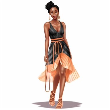 black modern woman with braids, full body wearing summer dress with sandals clipart