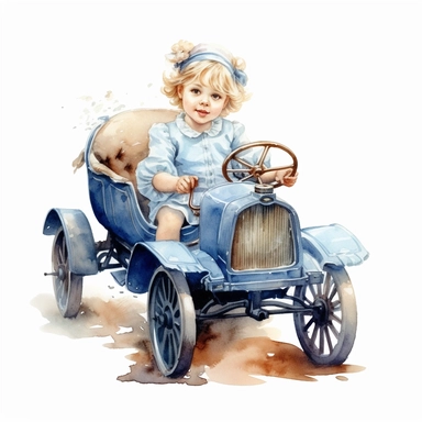 Watercolor Victorian baby girl in driving a blue ford t car from the era clipart , on a white background, Illustration clipart, 4K, extremely detailed
