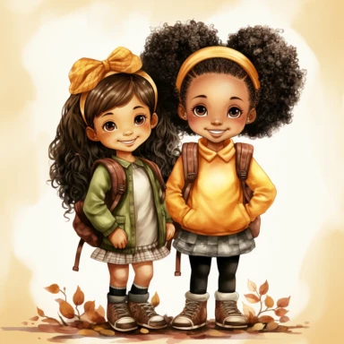 watercolor hand drawn ,Cute little African American girlschool , best friends ,with backpack and book, full body, Cartoon, Sublimation Clipart,illustration style, high solution, png transparent background, white background for removing background - - no text shadow font watermark