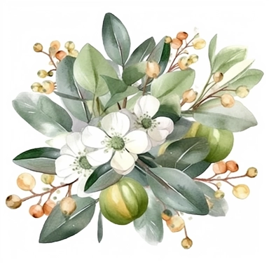 Autumn green Pumpkin, Fall Flower Bouquet, Green Leaves, Gray Eucalyptus Leaves, White Fruits, Watercolor, Clipart, Illustration, French Style, White Background