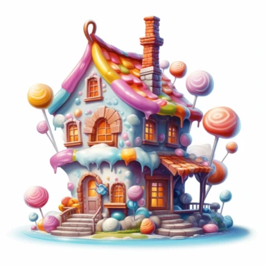 cozy fairytale house made of candies, sweets and marshmallows, full body, pastel rainbow colors, clipart style, accurate details, oil painting technique, super high quality, oil painting professional clipart, high resolution, isolated white background