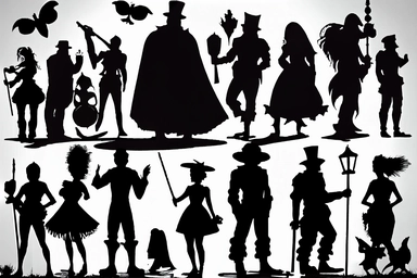 silhouettes of soldiers, priests, devils, fauns, angels, jugglers, cops, clowns, madmen. Bizarre, whimsical, random, victorian, theatrical, funny. Black and white clipart collection, white background