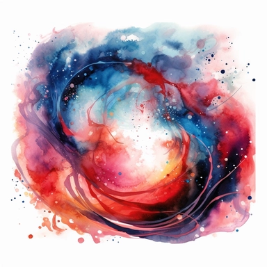 clipart style, watercolor scene of An immersive illustration of a cosmic journey through a nebula-filled expanse. Vibrant ribbons of red, purple, and blue dance across the scene, guiding the viewer through a cosmic wonderland of swirling gas formations and sparkling stars, HD, on white background