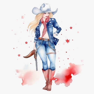watercolour usa patriotic cowboy girl clipart, hd, on white background, spaced out ar 3:2 s 1000