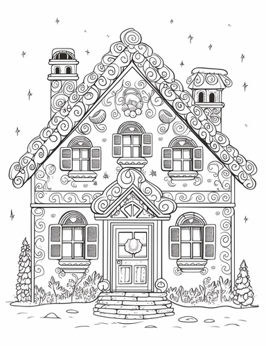 gingerbread house, clip art, coloring page, simple, line art, isolated on white background