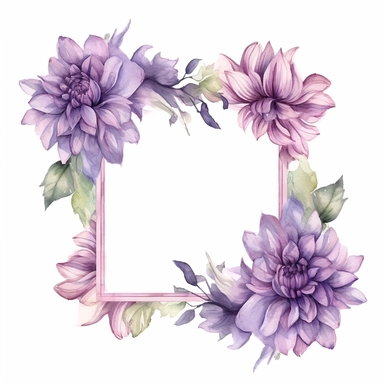 a floral frames made with Soft Purple and Pastel Purple Dahlia flowers, wet on dry watercolour style, antique look, clipart, white background
