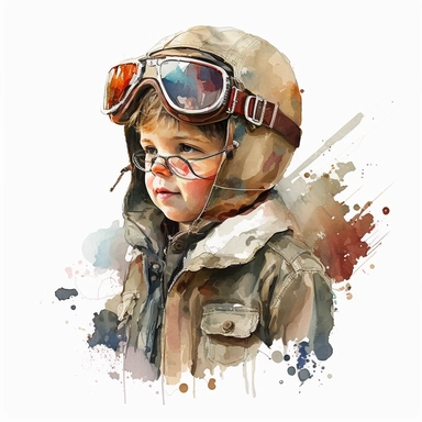 little aviator boy, boy in the aviator department, aviator cap, splash , watercolor by Thomas W.Schalle, clipart, white background