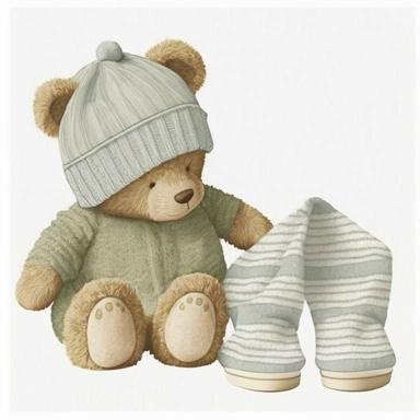 an ultra Cute little newborn baby teddy bear wearing pyjamas, dusky sage green shabby chic traditional classic striped pyjamas a bedtime hat and slipper shoes, watercolour, cute,, bedtime, sleepy, dreamy, isolated on white background, Clipart