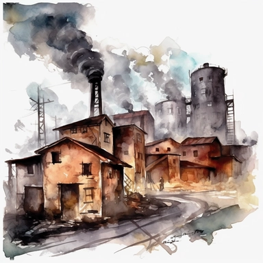 water color smoking factories, that simbolizes the destruction on earth, dark buildings, dirt, clipart, hd, no background