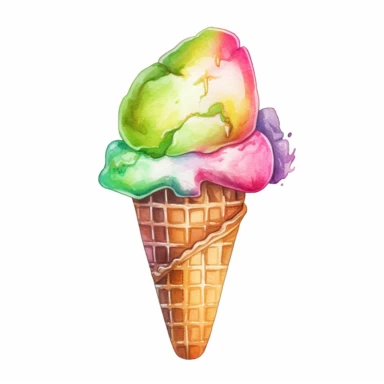 make a clipart of a beautiful ice cream cone with a scoop of pink, a scoop of lime green and a scoop of yellow, use pastel colors, watercolor style, white background