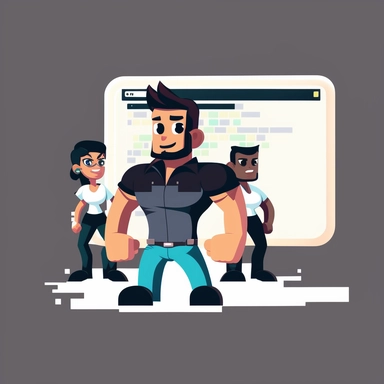 A clipart animation of a small group of diverse software engineers working together. The group consists of 3-4 engineers both specializing in their own disipline within computer science. They are shown writing software on a MacBook like computer. The code they are using is c++. There is also a chalk board where on of the engineers is writing a simple diagram of a neural network and associated equations. Each of the engineers are dressed in their own style which may contains suit and tie, shirt a