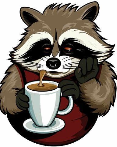 clipart sticker of racoon sipping coffee in a wet alley