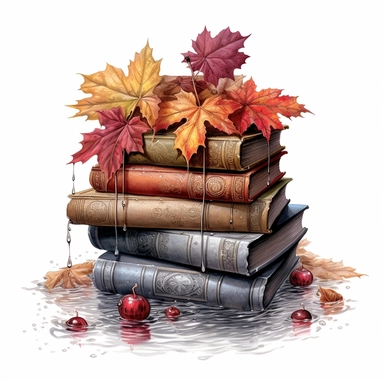 isolated on white illustration watercolor art of a stack of vintage books with beautiful embossed spines, autumn leaves, puddles, rain, branches, september, masterpiece by Hans Zatzka style and by Vladimir Kush style and by Ivan Fedorovich Choultse style, Baroque fashion, PNG clipart, isolated on white, extreme photorealistic details, 32k HD resolution, realistic high detailization high resolution , ultrarealistic, hyper realistic, photography, detailed 8k, extremely detailed