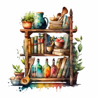 beautiful Watercolor clipart of a rustic book shelf filled with cook books and home items on isolated white background, insane detail