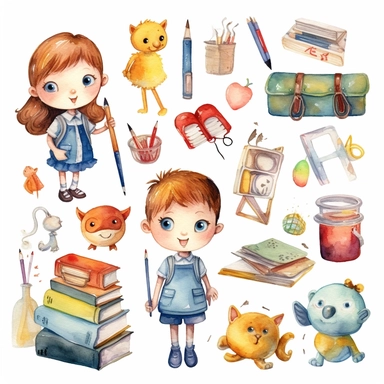 watercolor, collection - School education png Full body realistic cartoon in 32K UHD cute. 15 cm thick outline. Black color. There was no shadow on the ground. 8k with realistic watercolors and detailed illustrations. PNG clipart, transparent white background