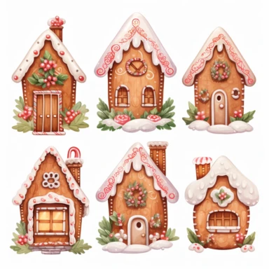 set of gingerbread houses with flowers clipart light colors vibrant colors watercolor high quality white background no background