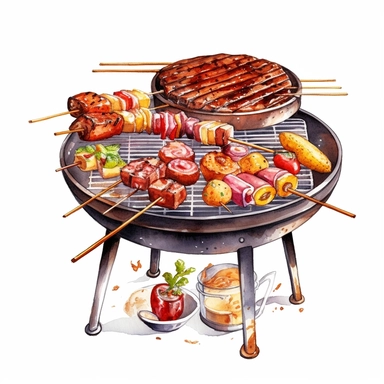 Watercolor BBQ Clipart - Barbeque grill kebab clipart , Watercolor Clipart , original hand drawing, style of the artwork, mood of the artwork, white background, 8K quality, ultra detailed , clipart, white background, High Quality, ultra detailed