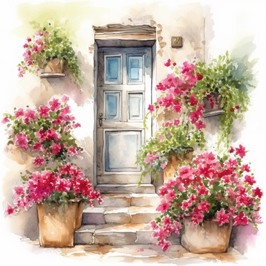 Create a beautiful watercolor clipart vignette of a rustic Mediterannean courtyard with a collection of white flowering potted plants, flowering hanging baskets and hot pink trailing bougainvillaea against a painted white rustic cottage door. The composition should be set against an isolated white background, with a bright and airy feel. Focus on capturing intricate details such as the delicate petals of the roses. Use a loose and fluid watercolor technique to create a sense of movement and ligh