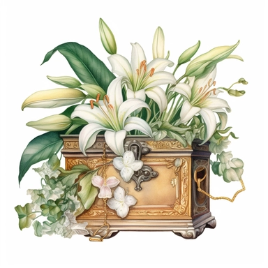 beautiful elegant victorian jewellery box with casablanca lilies, detailed realistic watercolor illustration, white background clipart