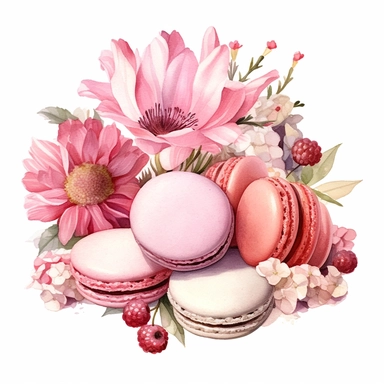 high detail romantic Clipart of pink toned flowers and beautiful macroons on a white background