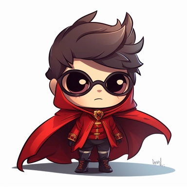 zeeb labs art style boy, super hero, tiny chibi body with red suit, crown, Mask, smerk, super long cape, clipart, sticker, no background, hd
