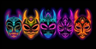 neon masks, clipart, white background, vector