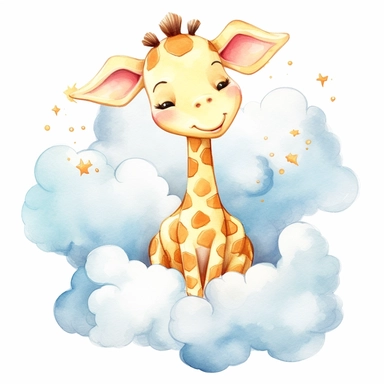 a captivating watercolor clipart image with a white background and white margins, featuring a cute sweet kawaii extremely happy smiling cartoon baby giraffe sleeping on a cloud, full body. The ultra-detailed, hand-drawn elements capture the details. Use vibrant shades of various colors to create a visually appealing image