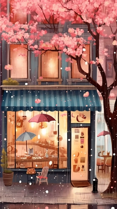 Very very cute and Whimsical quirky Jazzy coffee shop, building corner, cherry tree blossom, Raining colorful, Watercolored illustration in the style of Michael Powell, clipart, city vibe background - 8K
