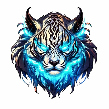 a glowing tribal tiger with blue lights on his eyes, tribal animals, in the style of bold black outlines, manhwa character design, master of shadows, burned/charred, himalayan art, dark black and light azure, 2d game art, quadratura, clipart, on white blackground