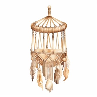 realistic watercolor boho woven macrame baby Crib Mobile, isolated white background, babyshower clipart, 8k, bright beige boho colors