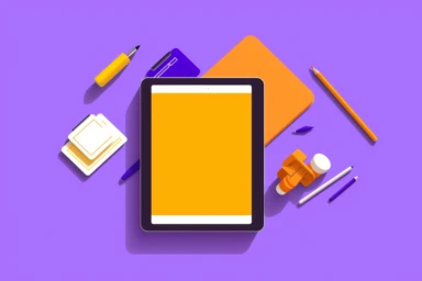 a tablet near a phone on a yellow background with a few cliparts on it, in the style of dark violet and orange, minimalist graphic designer, modular construction, website, rectilinear forms, minimalist pen lines, innovative page design