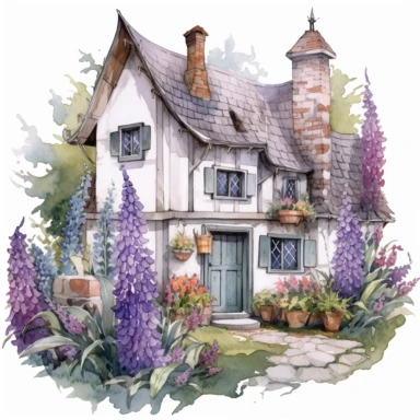 watercolor mixed media masterpiece beautiful white cozy small house with violet door, richly decorated with lupine, pots with flowers, overgrown with moss, the garden at the back of the house, provence, golden accents, shabby shic style, by Rodney Matthews style and by Daniel Ridgway Knight style and by Nicholas Hely Hutchinson style, Baroque style, PNG clipart, isolated on white, extreme photorealistic details, 32k HD resolution, realistic high detailization high resolution