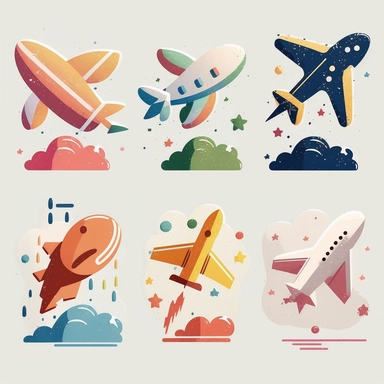 Six cute aircraft icons vector clipart in the style of lively brushstrokes, star art group (Xing Xing), label and marker style, minimalism, muted colors, white bakcground