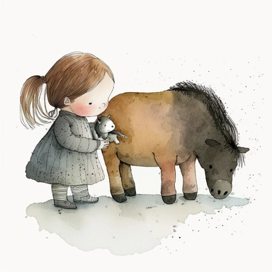 watercolor and pencil drawing of an an charming little girl and her pet pony, ​happy, gentle smile, beautiful watercolor ink wash coloring, thick pencil lines, Jon klassen, beatrix potter, popular on etsy, watercolor illustrations clipart, watercolor illlustrations for kids and children, plain white background