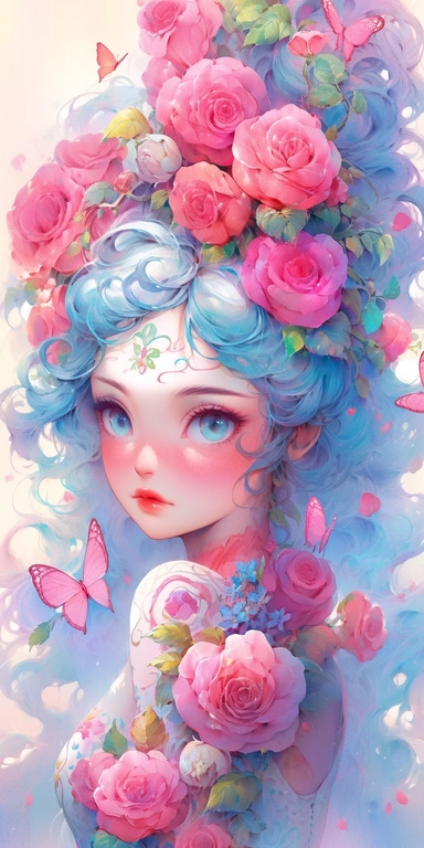 Watercolor beautiful wild roses fantasy, Mermaid girl with beautiful face and big eyes with flowers, angel wing, chibi kawaii animated style, vivid vibrant colors, intricate detail, hyper detailed, hyper quality, 32K, unreal engine, isolated on white background, kawaii, clipart