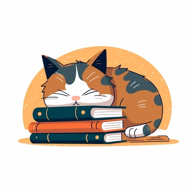 cat sleeping while was reading a book,simplistic,color,clipart,white background